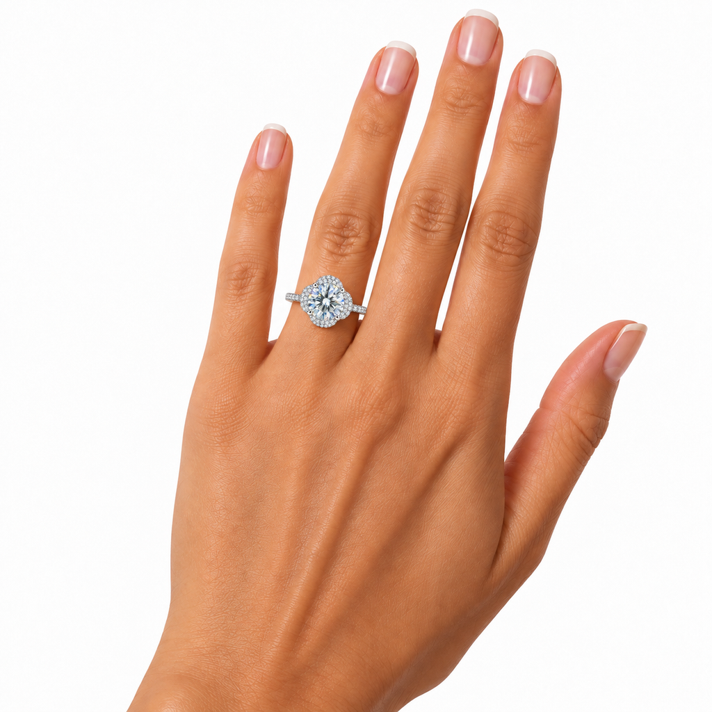 2 Carat White Moissanite Floral Halo Ring 8mm Round Brilliant Cut in 925 Sterling Silver