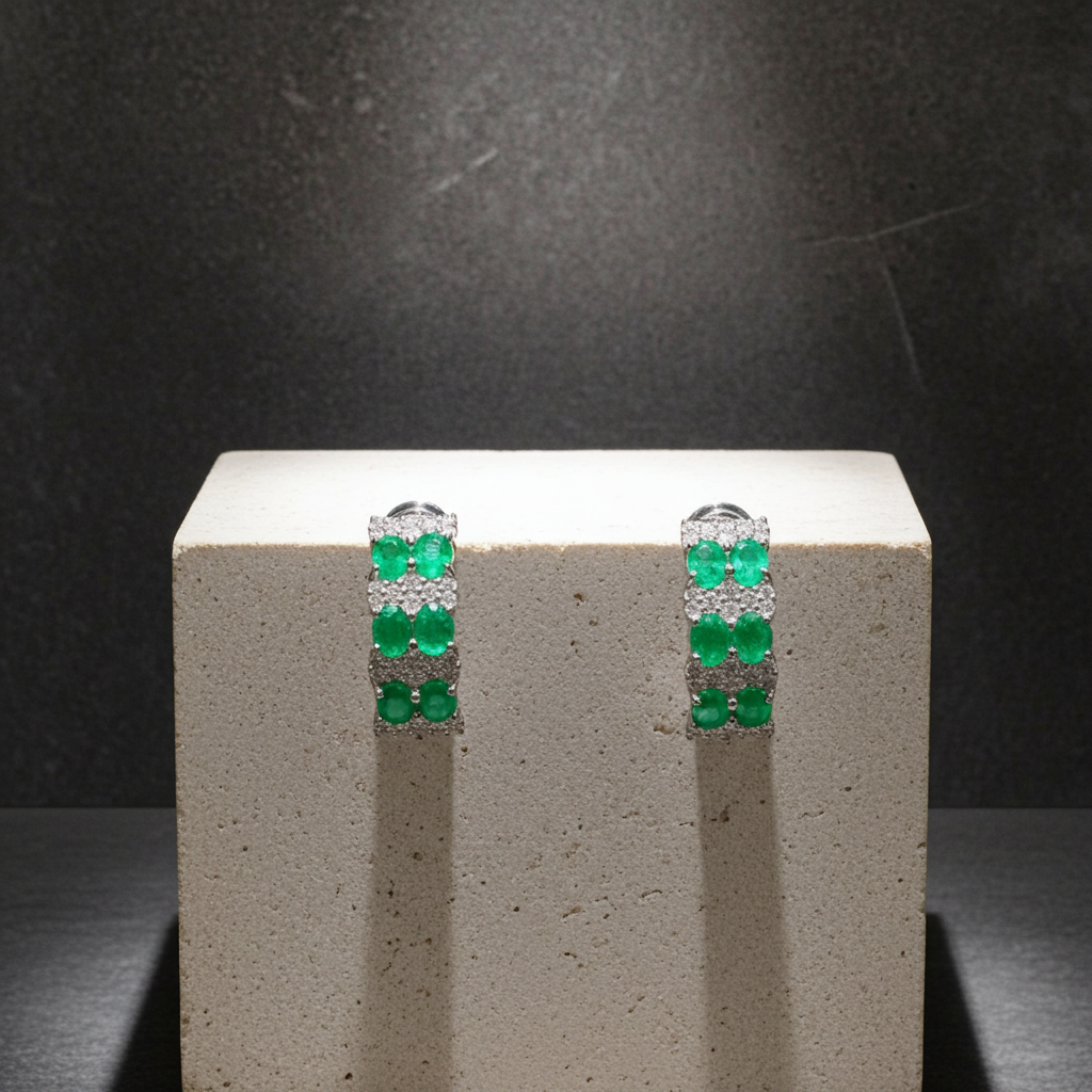 Natural Emerald Clip Earrings 3x4mm Platinum Plated Silver