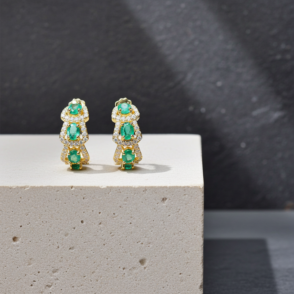 Natural Emerald Hoop Earrings 14k Gold Plated, Emerald Jewelry