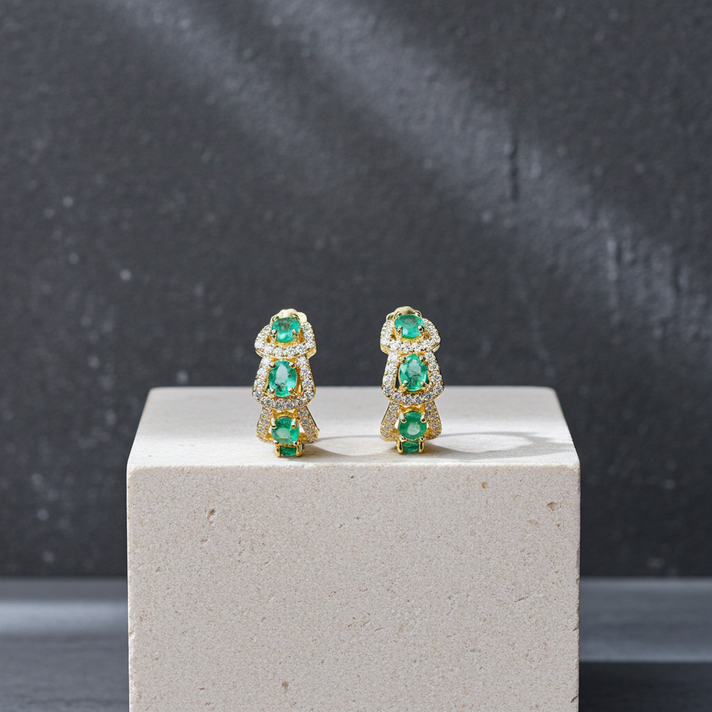 Natural Emerald Hoop Earrings 14k Gold Plated, Emerald Jewelry