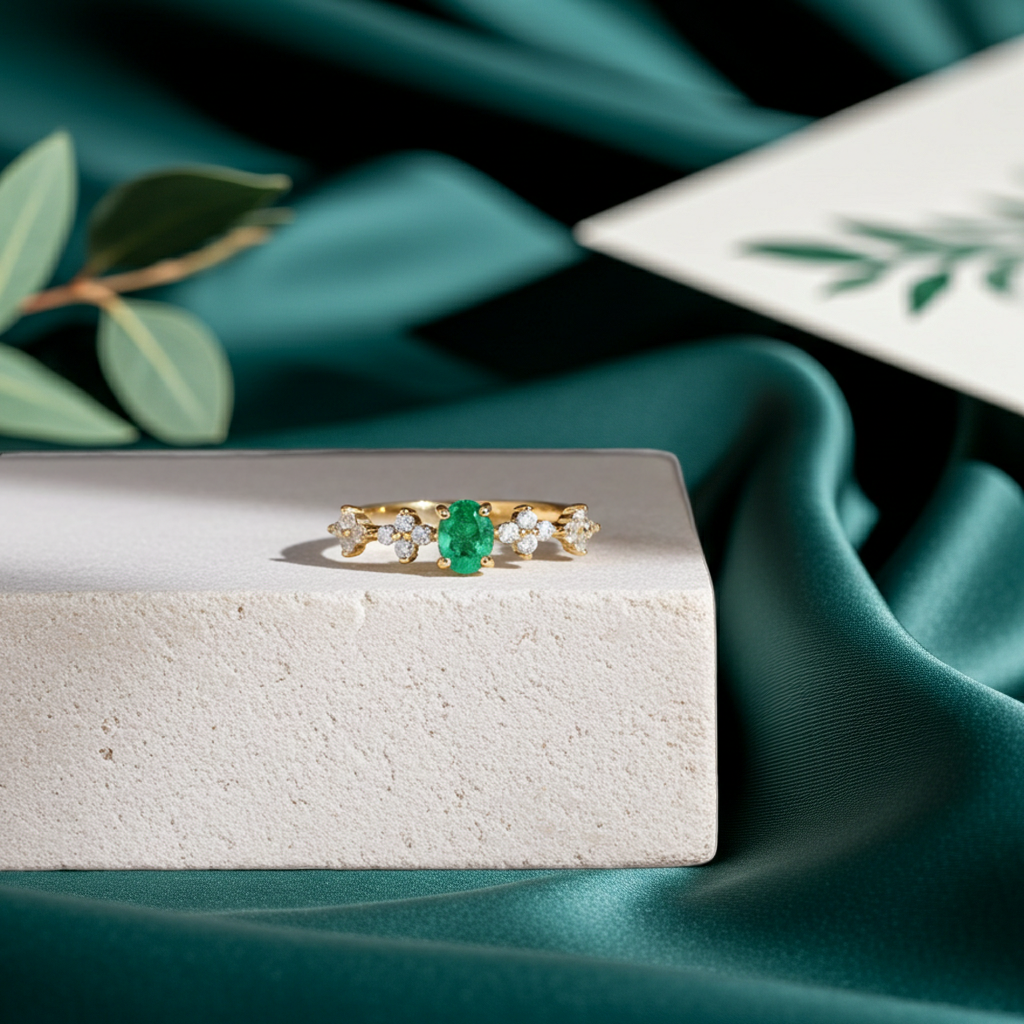 Dainty Emerald Floral Band Ring, Emerald Engagement Ring 4x5mm