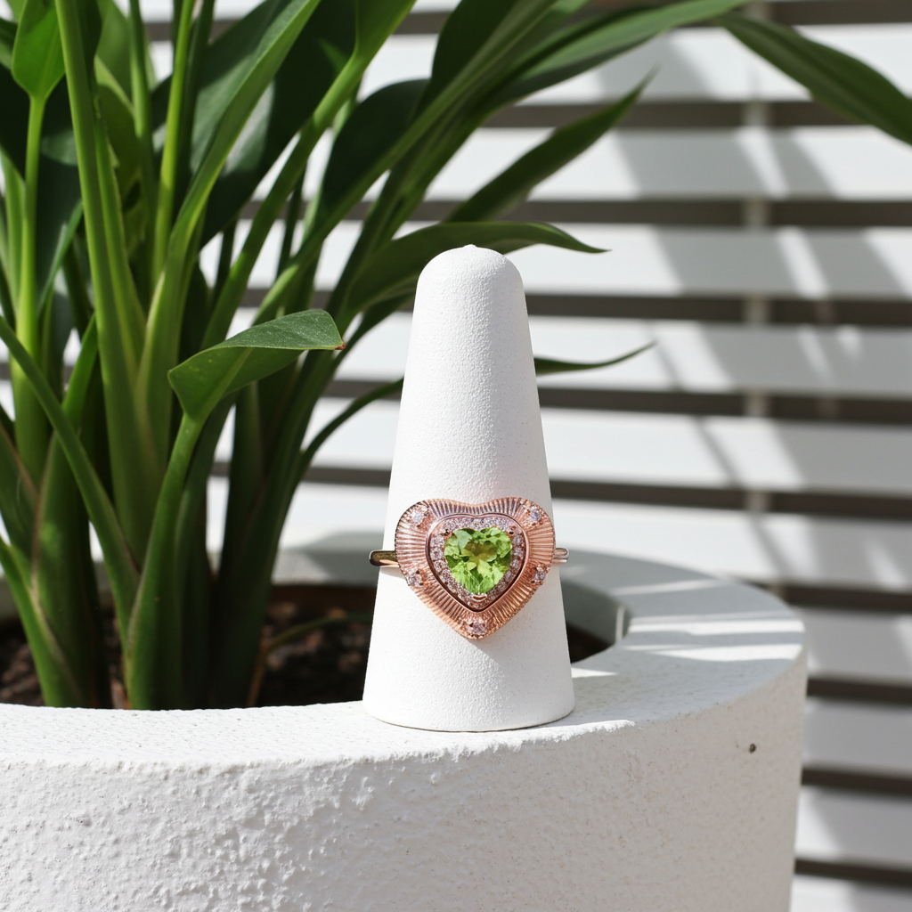Natural Peridot Gemstone Heart Statement Ring 6mm, August Birthstone Peridot