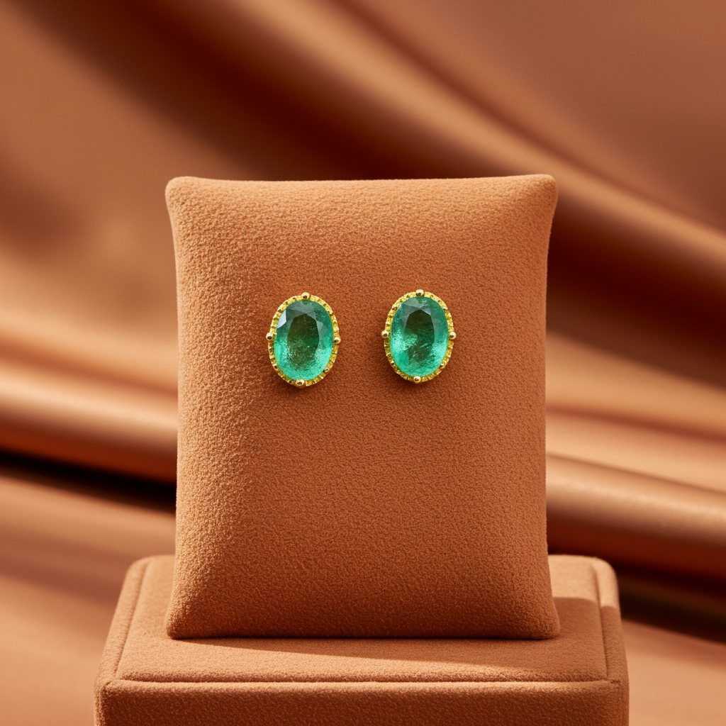 Bright Green Emerald Stud Earrings 5x7mm 14k Gold Plated