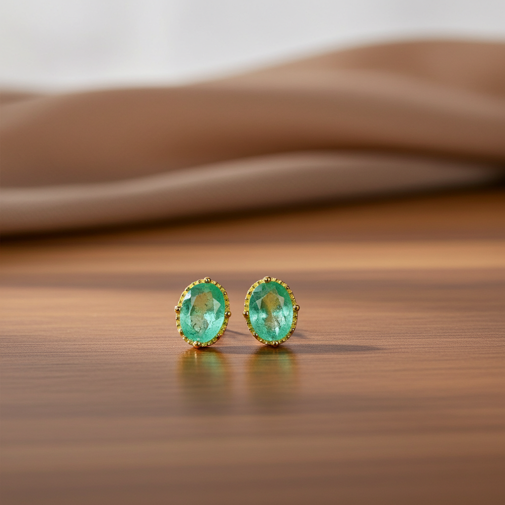 Bright Green Emerald Stud Earrings 5x7mm 14k Gold Plated