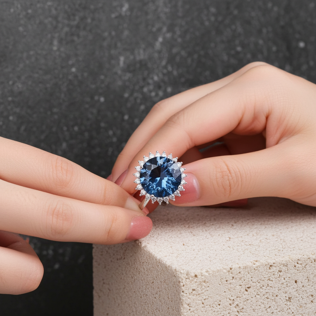 12Ct Firework Cut London Blue Topaz Halo Engagement Ring 925 Sterling Silver