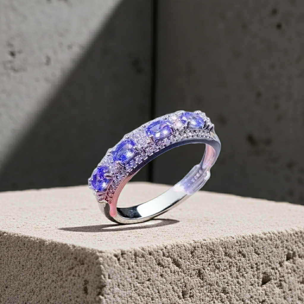 Natural Purple Tanzanite Band Ring 3x4mm Platinum Plated