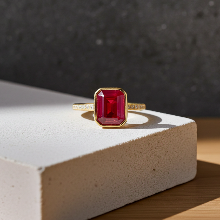 Emerald Cut Ruby Ring in Bezel Setting 6x8mm