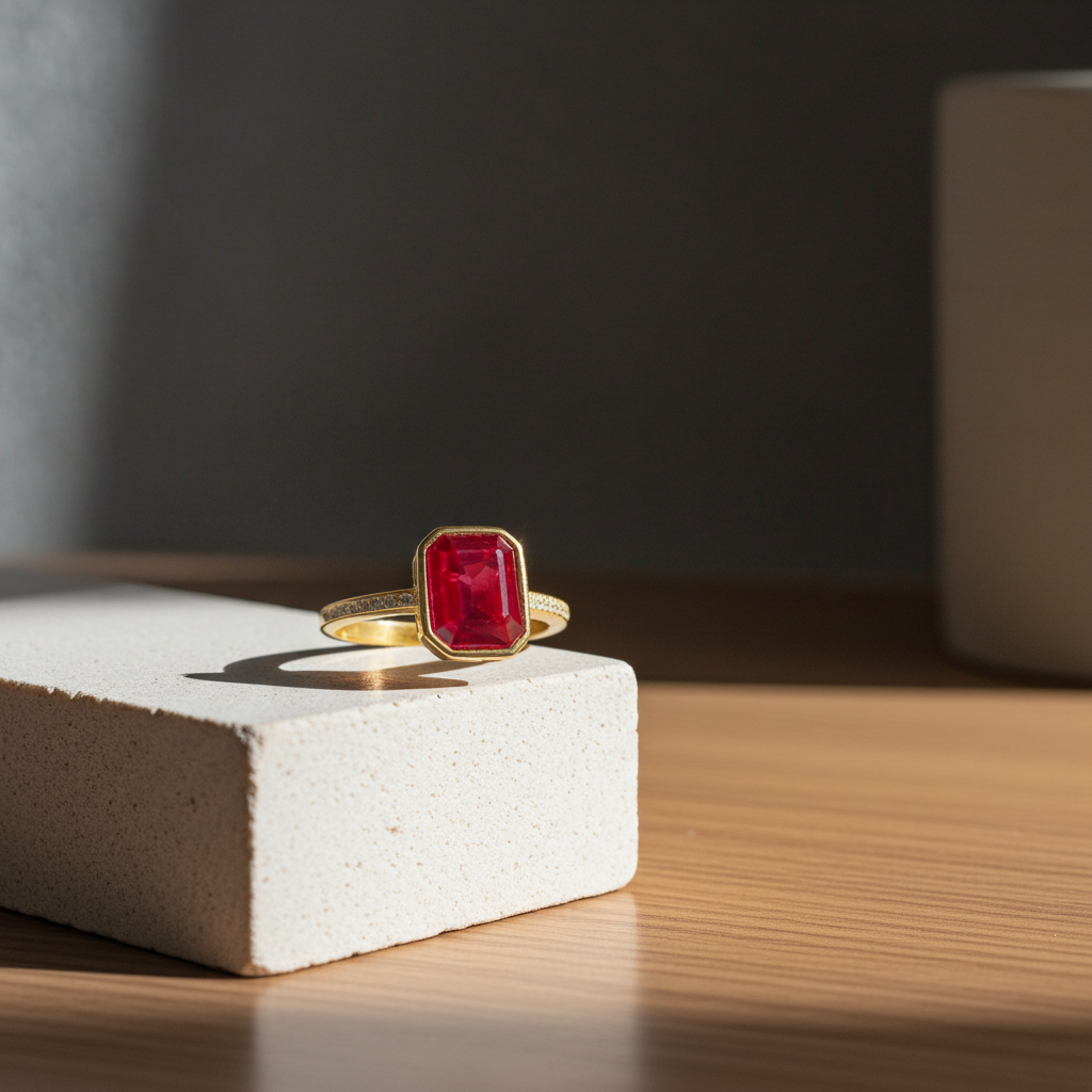 Emerald Cut Ruby Ring in Bezel Setting 6x8mm