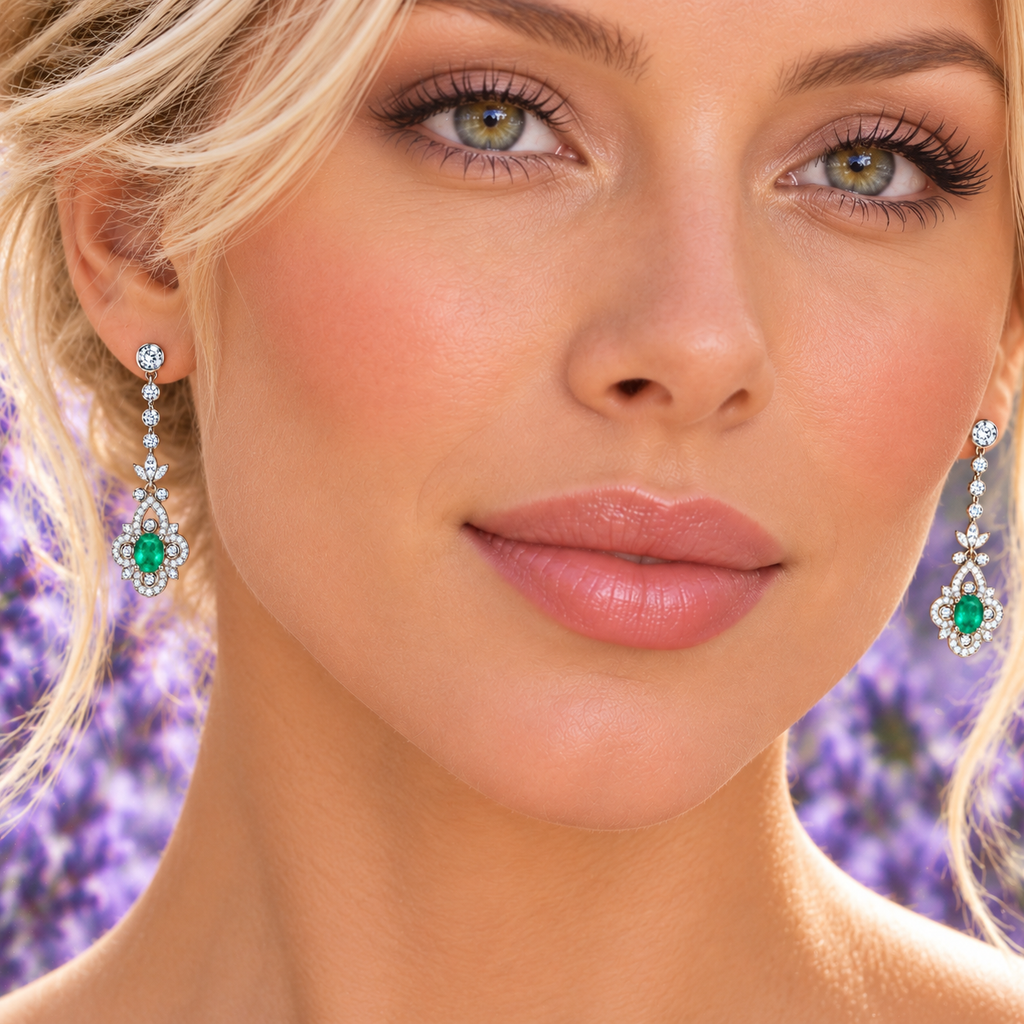 Natural Emerald 4x5mm Oval Vintage Chandelier Dangle Earrings in 925 Sterling Silver