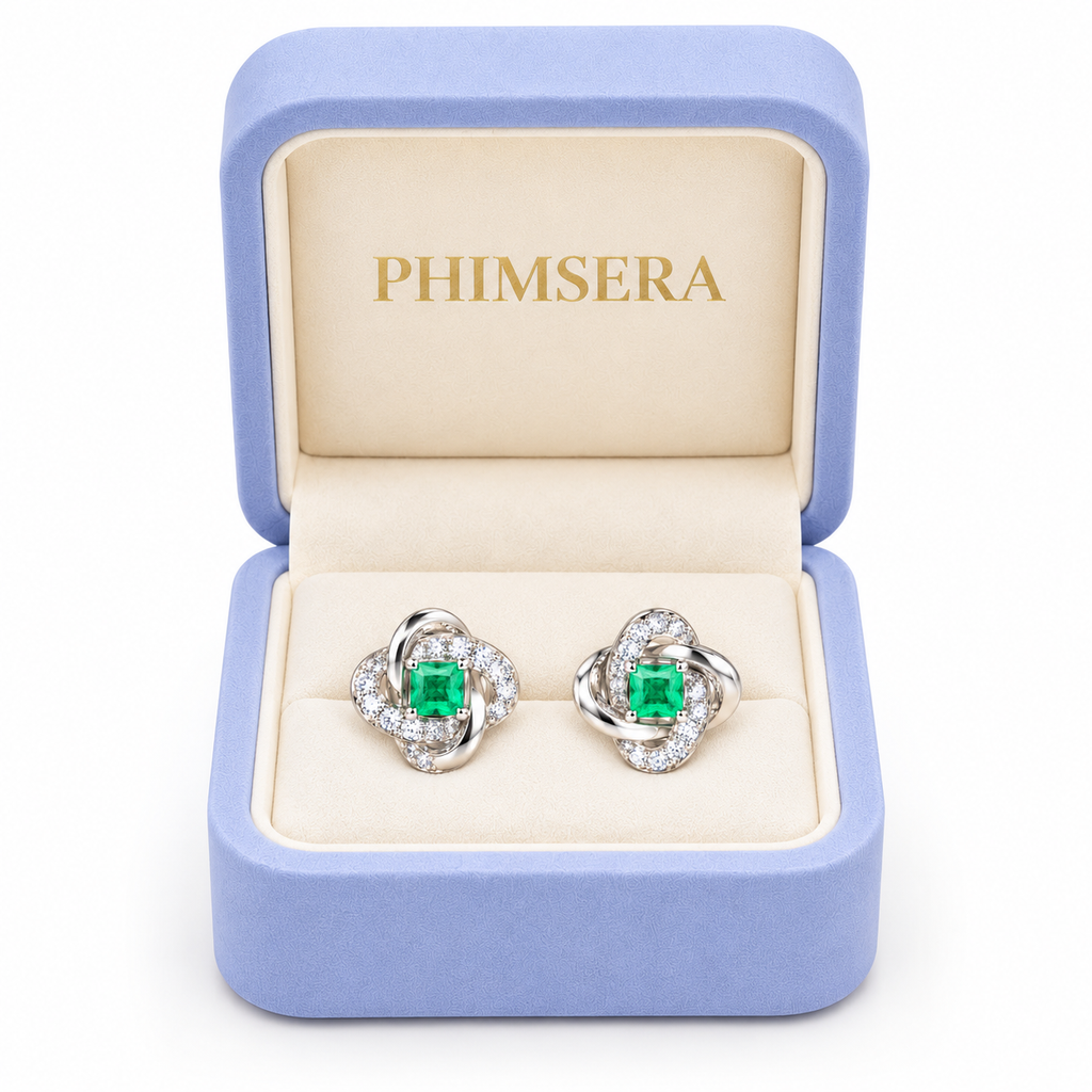 Natural Emerald 3mm Square Cut Clover Knot Stud Earrings in 925 Sterling Silver