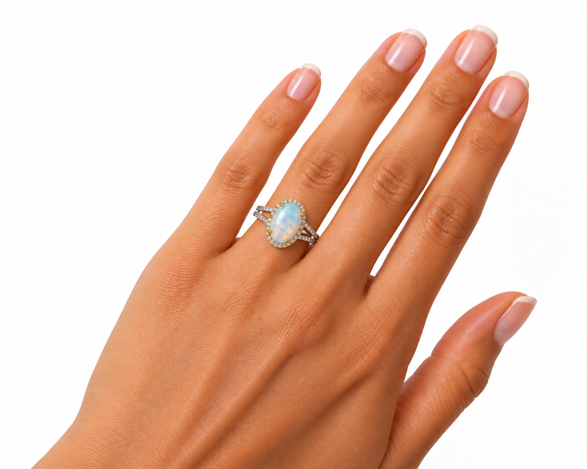 10×14mm Natural Australian White Fire Opal Ring – Oval Rainbow Opal Halo Ring in 925 Sterling Silver with Gold Accents