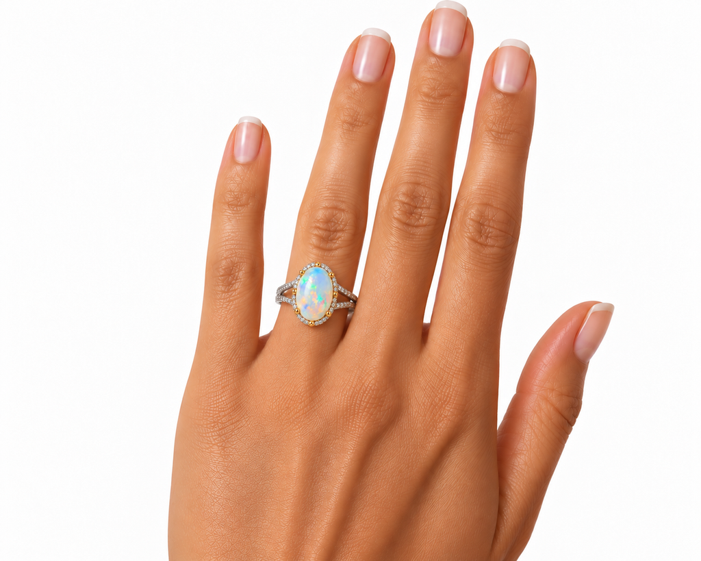 10×14mm Natural Australian White Fire Opal Ring – Oval Rainbow Opal Halo Ring in 925 Sterling Silver with Gold Accents