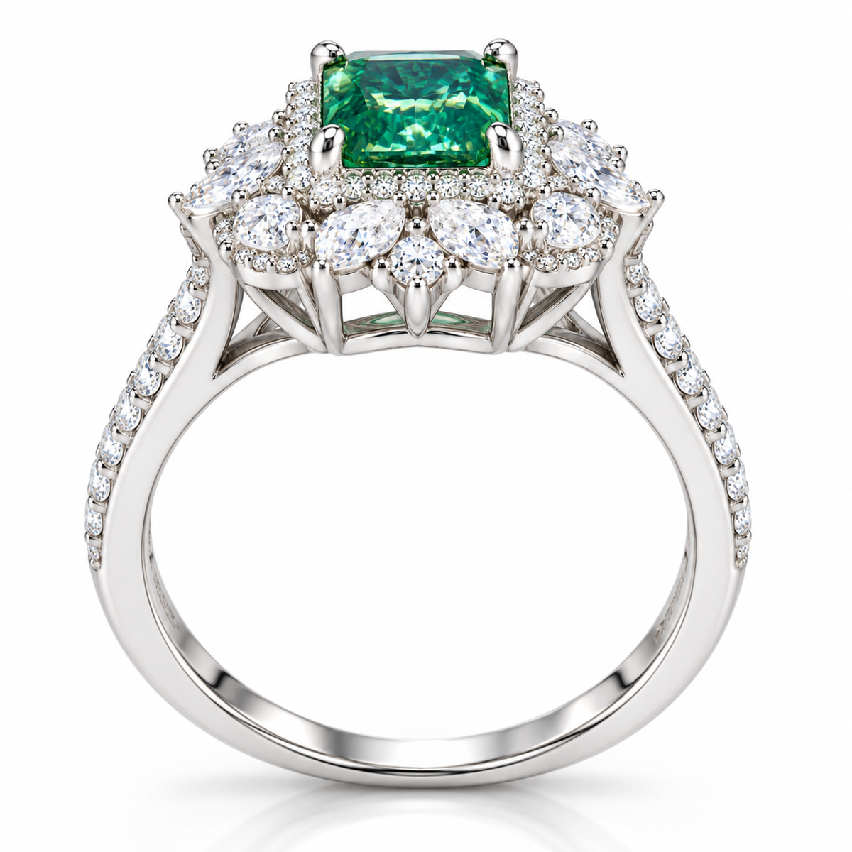 Side view of green moissanite radiant cut halo ring showing detailed sterling silver setting