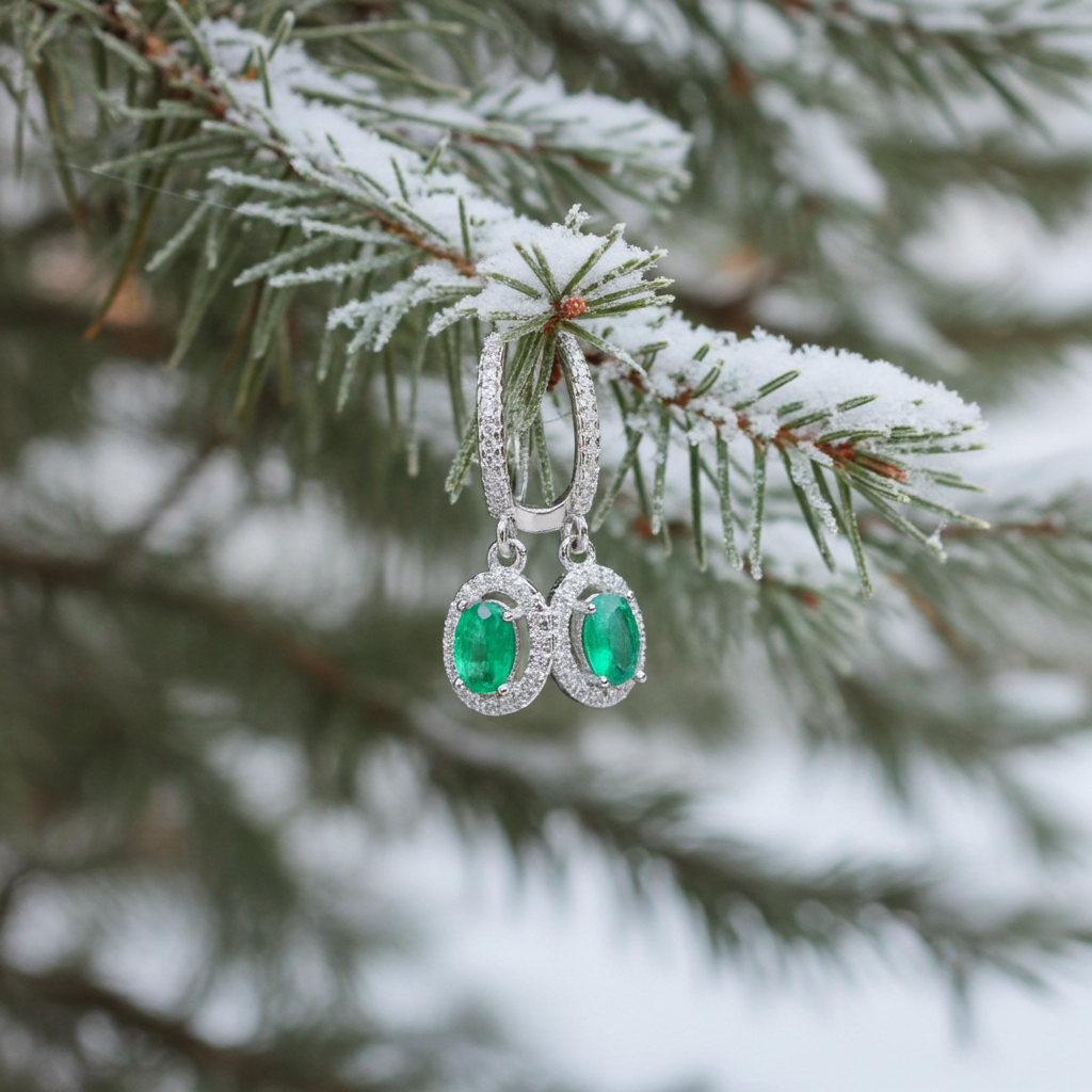 Natural Emerald Hoop Dangle Earrings 4x6mm, Emerald Earrings 925 Sterling Silver