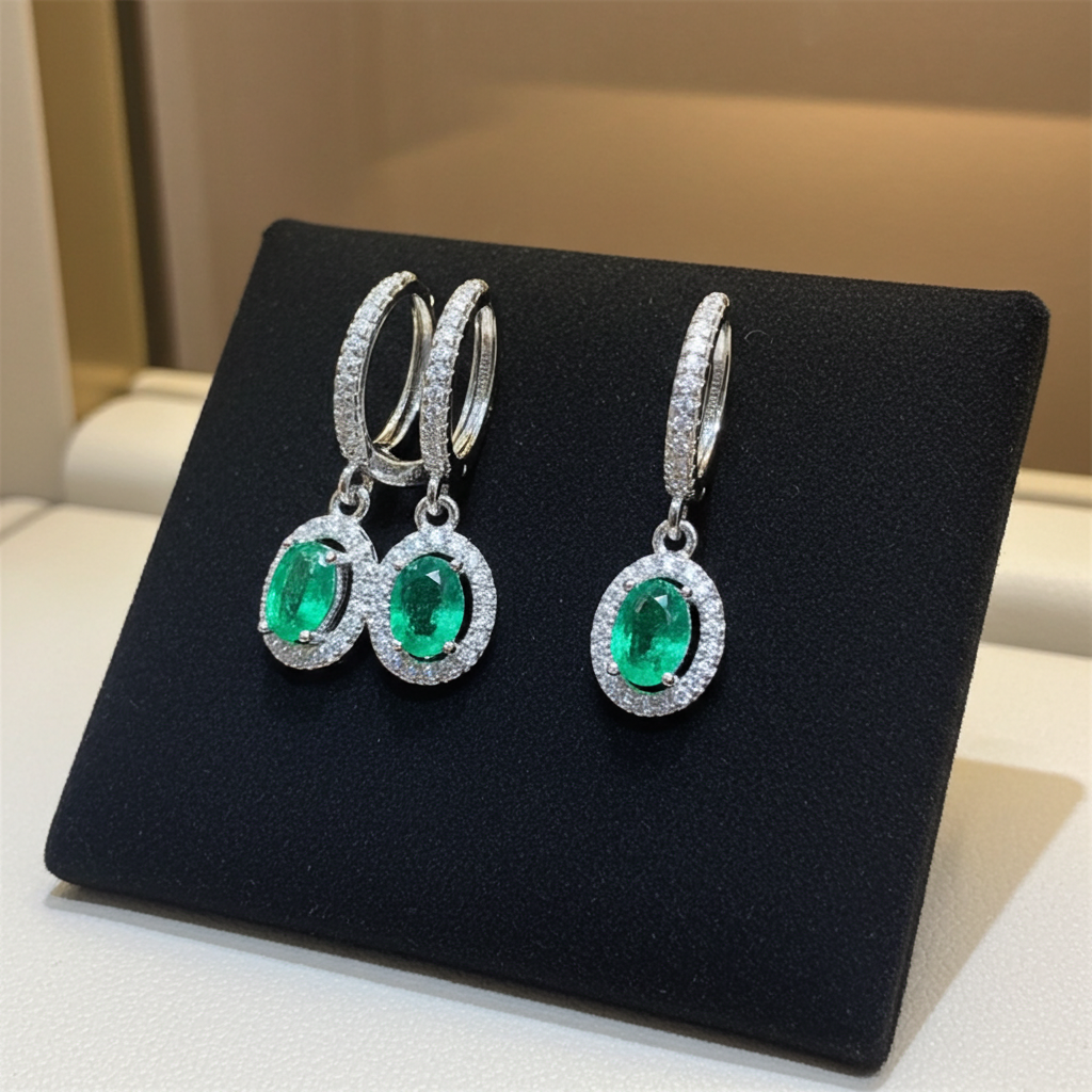 Natural Emerald Hoop Dangle Earrings 4x6mm, Emerald Earrings 925 Sterling Silver