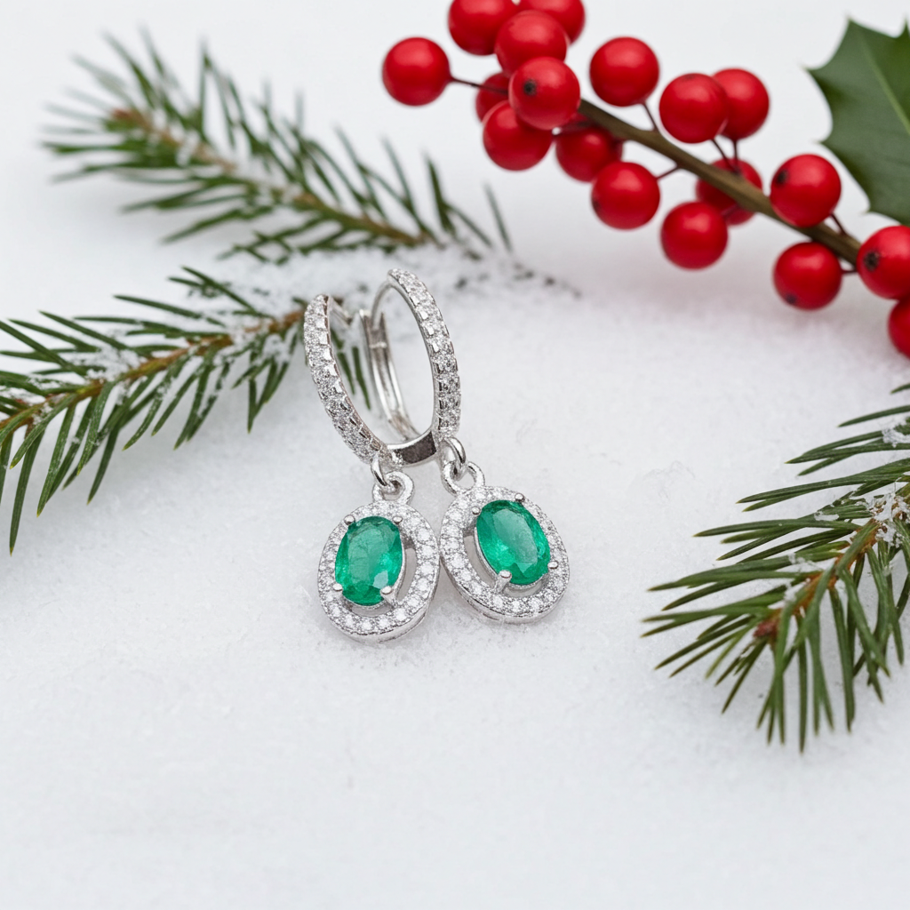 Natural Emerald Hoop Dangle Earrings 4x6mm, Emerald Earrings 925 Sterling Silver