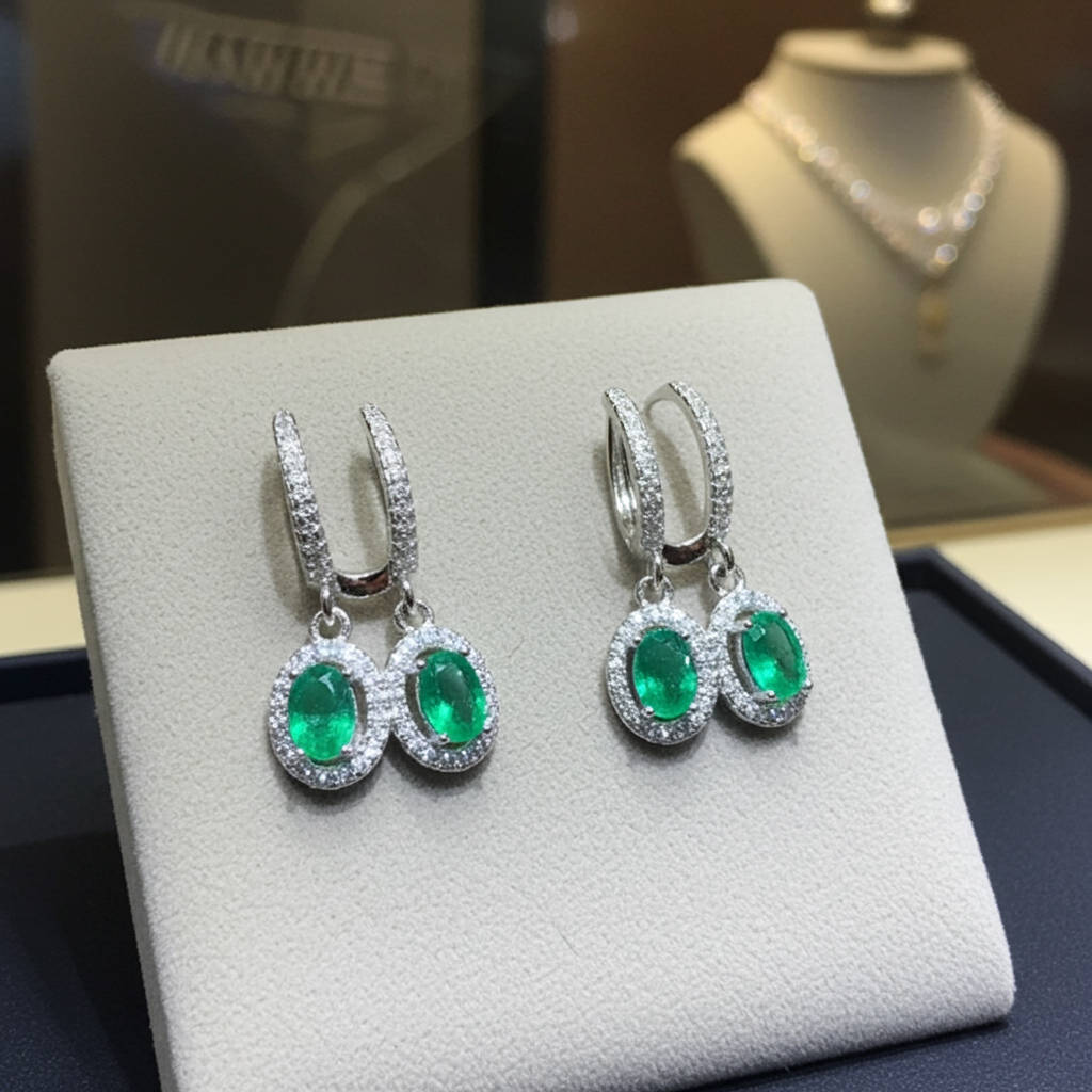 Natural Emerald Hoop Dangle Earrings 4x6mm, Emerald Earrings 925 Sterling Silver