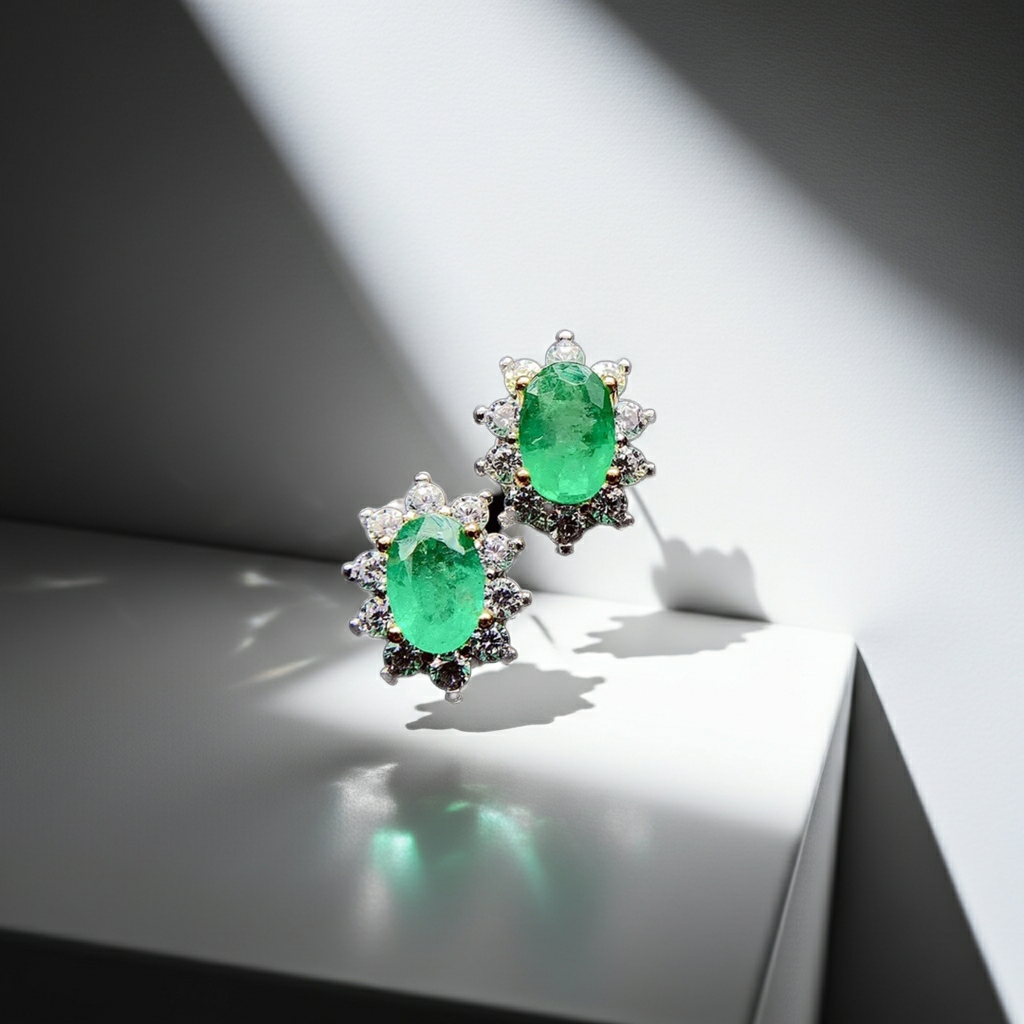 Pair of emerald earrings on a reflective surface with a light background