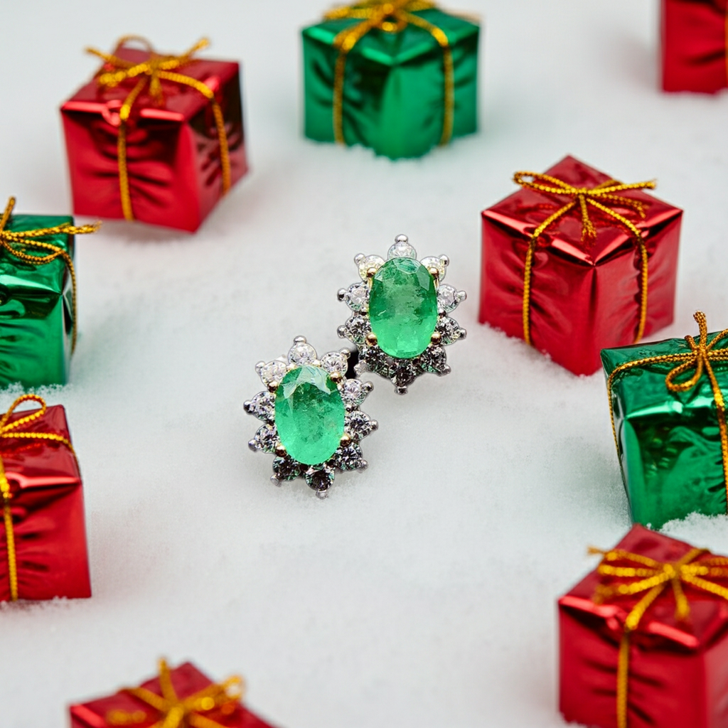 Emerald earrings with diamond accents on a snowy background with red and green gift boxes.