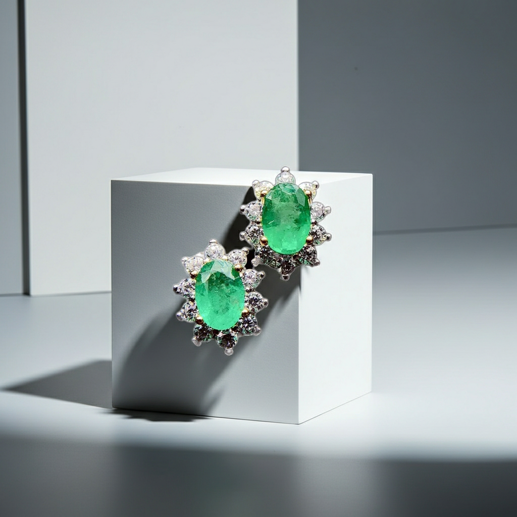 Pair of emerald earrings on a white cube with a gray background
