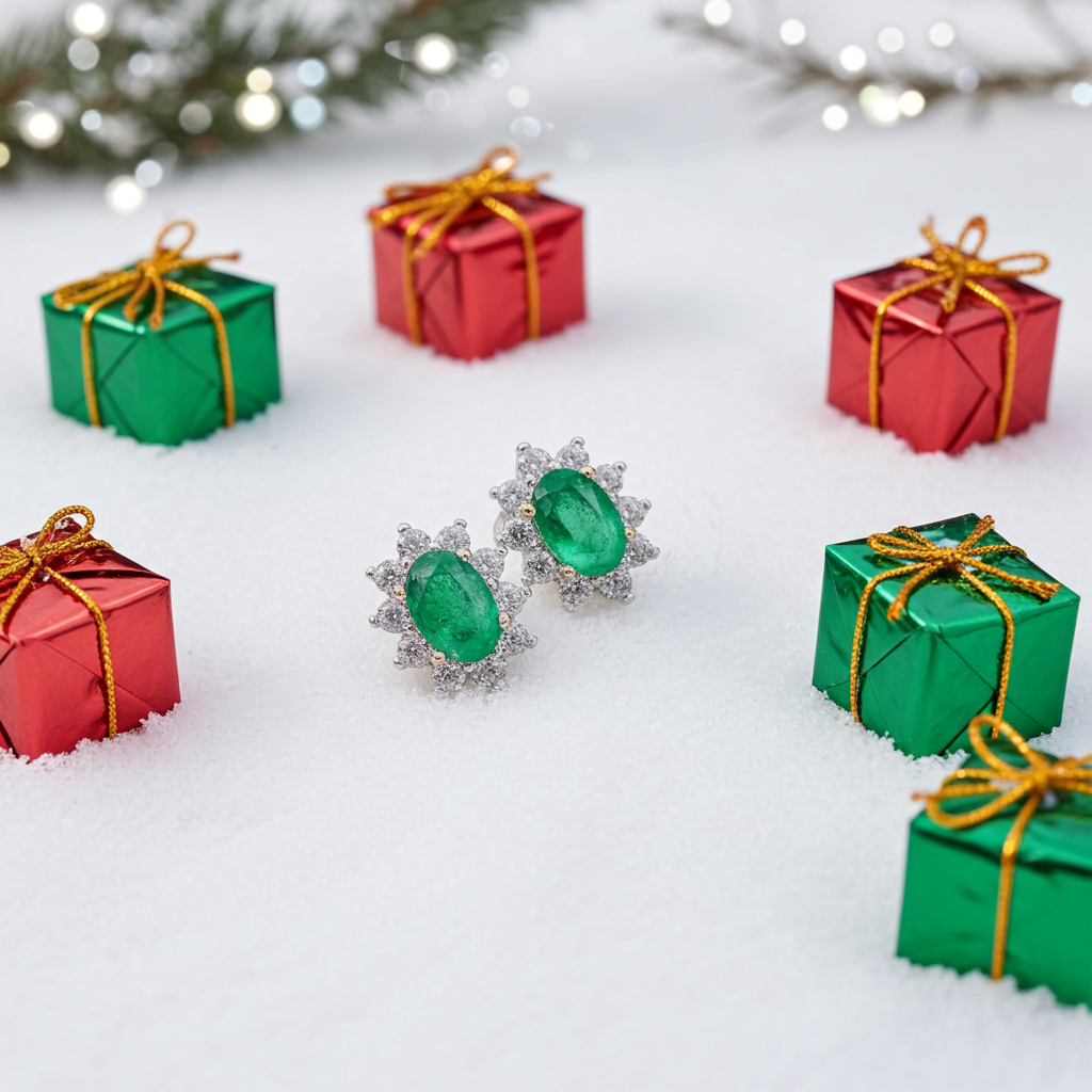 Emerald earrings with silver setting on a snowy background with miniature gift boxes.