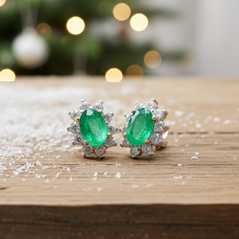 Pair of emerald green gemstone earrings on a wooden surface with a blurred Christmas tree in the background.