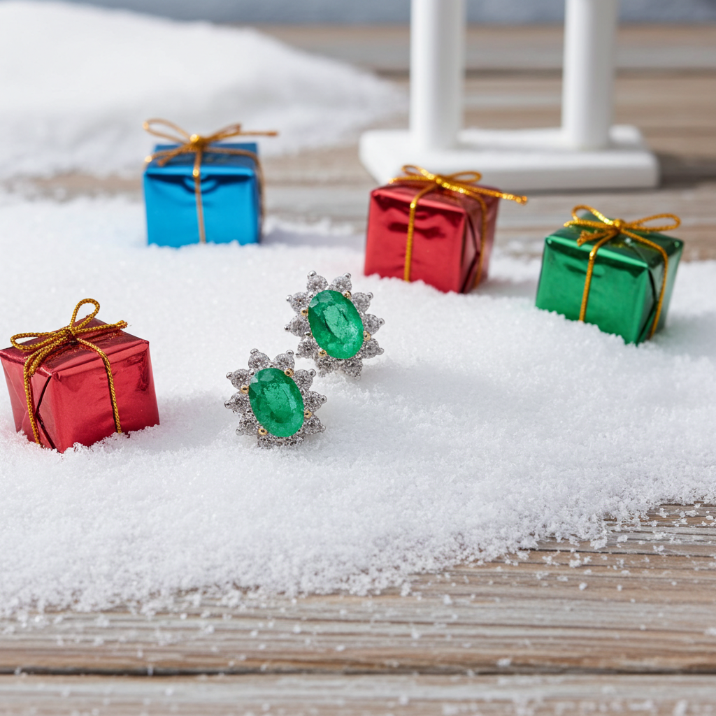 Emerald earrings with diamond accents on a snowy surface with miniature gift boxes.