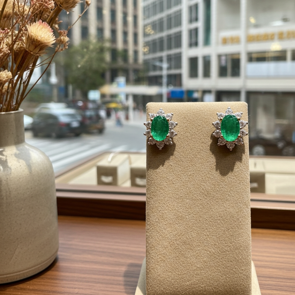 Pair of emerald green earrings on a display stand with a city street in the background