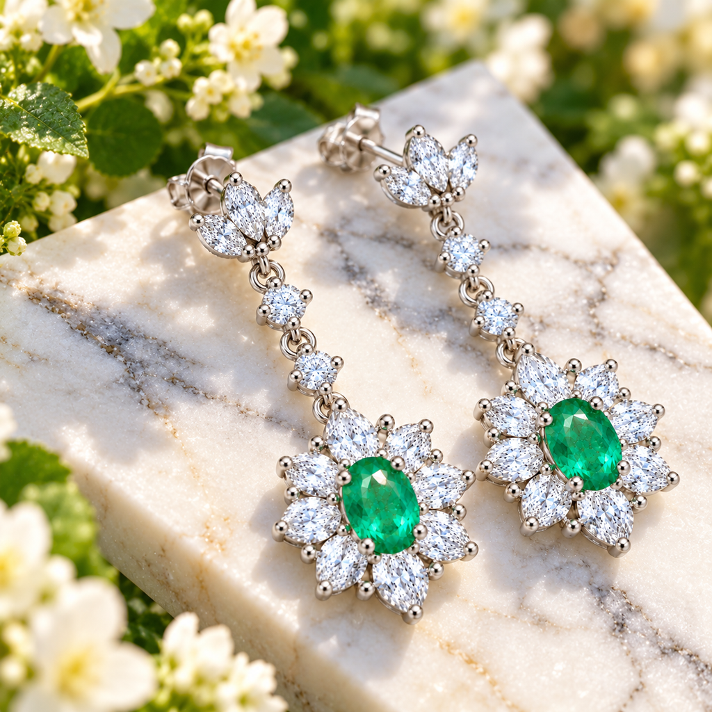 Natural Emerald 4x6mm Oval Floral Halo Dangle Earrings in 925 Sterling Silver with CZ