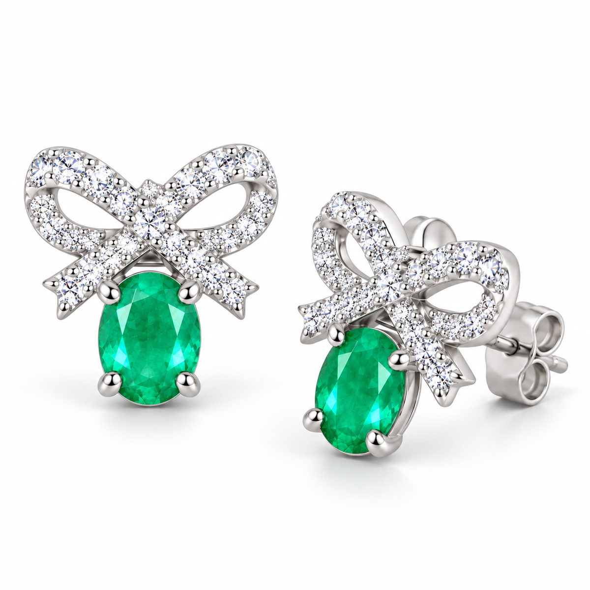 Natural Emerald 4x5mm Oval Bow Stud Earrings in 925 Sterling Silver with CZ