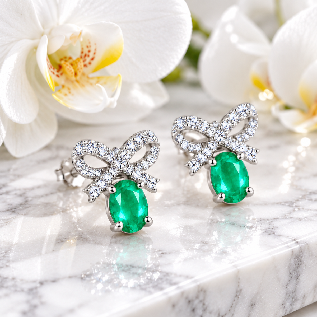 Natural Emerald 4x5mm Oval Bow Stud Earrings in 925 Sterling Silver with CZ