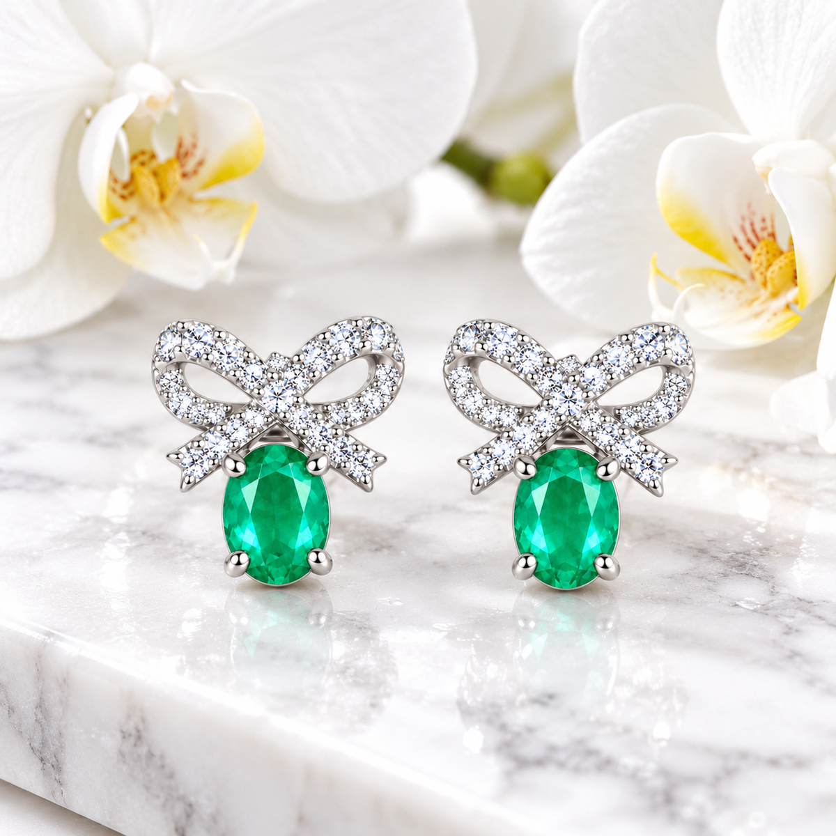 Natural Emerald 4x5mm Oval Bow Stud Earrings in 925 Sterling Silver with CZ