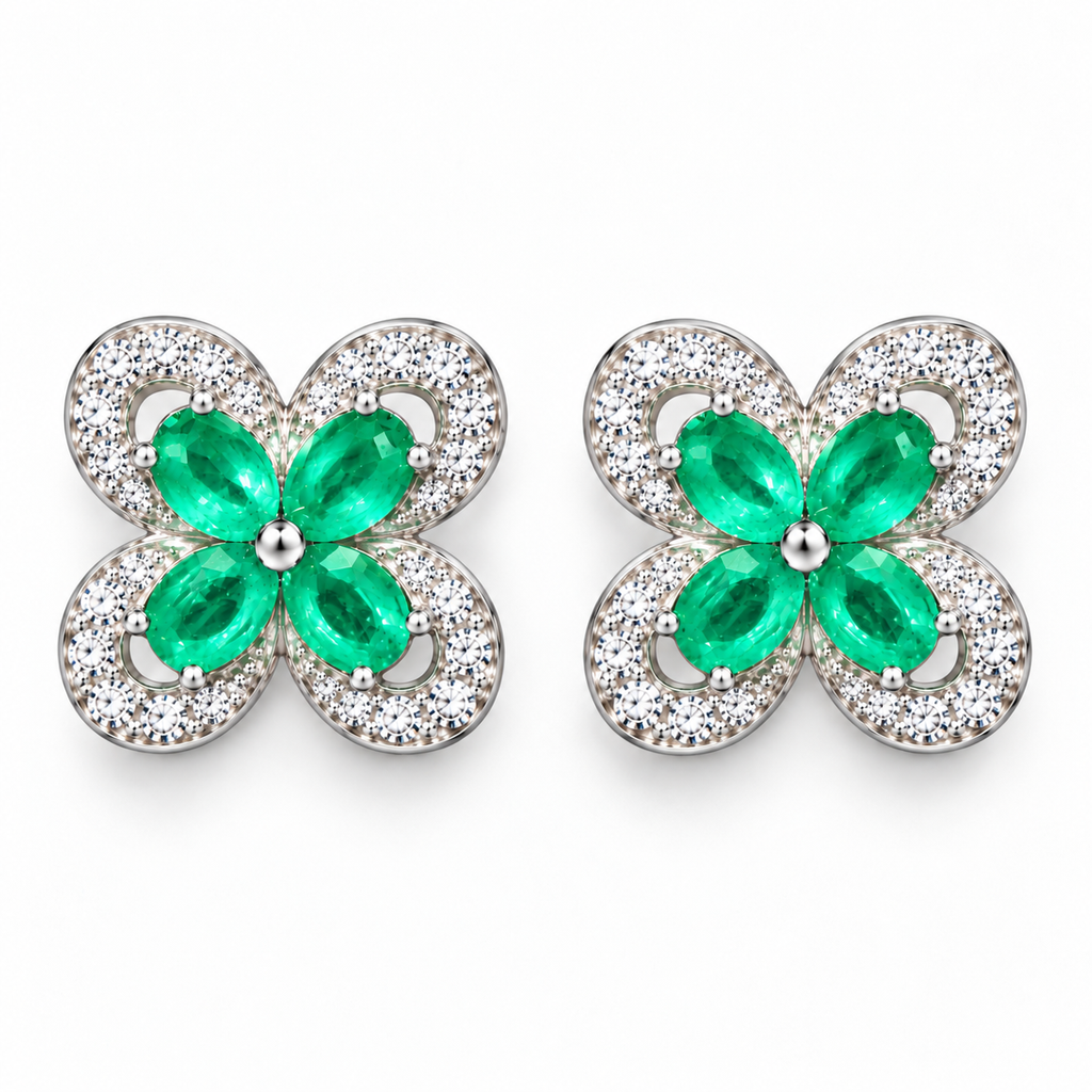 Natural Emerald 3x4mm Oval Four Leaf Clover Flower Stud Earrings in 925 Sterling Silver