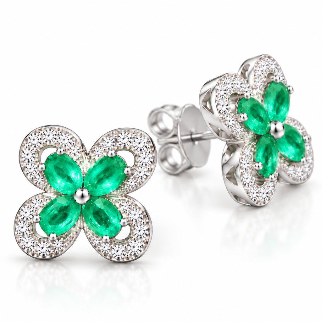 Natural Emerald 3x4mm Oval Four Leaf Clover Flower Stud Earrings in 925 Sterling Silver