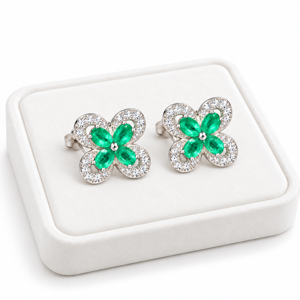 Natural Emerald 3x4mm Oval Four Leaf Clover Flower Stud Earrings in 925 Sterling Silver
