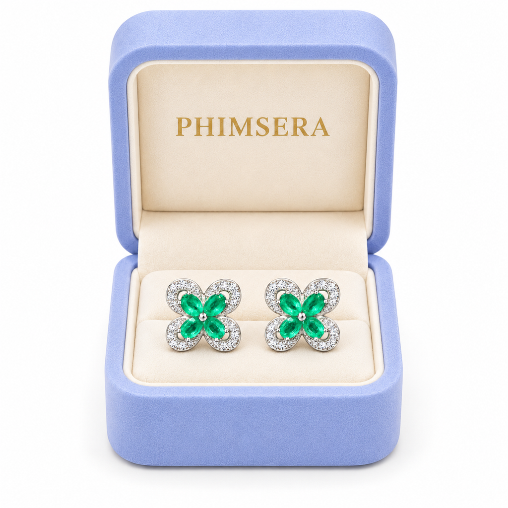 Natural Emerald 3x4mm Oval Four Leaf Clover Flower Stud Earrings in 925 Sterling Silver