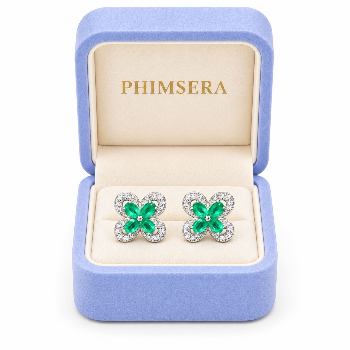 Natural Emerald 3x4mm Oval Four Leaf Clover Flower Stud Earrings in 925 Sterling Silver
