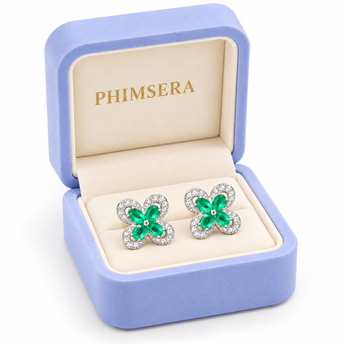 Natural Emerald 3x4mm Oval Four Leaf Clover Flower Stud Earrings in 925 Sterling Silver