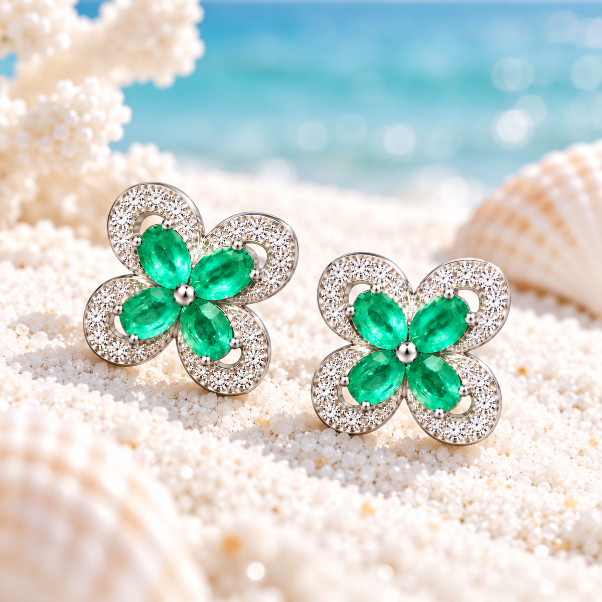 Natural Emerald 3x4mm Oval Four Leaf Clover Flower Stud Earrings in 925 Sterling Silver