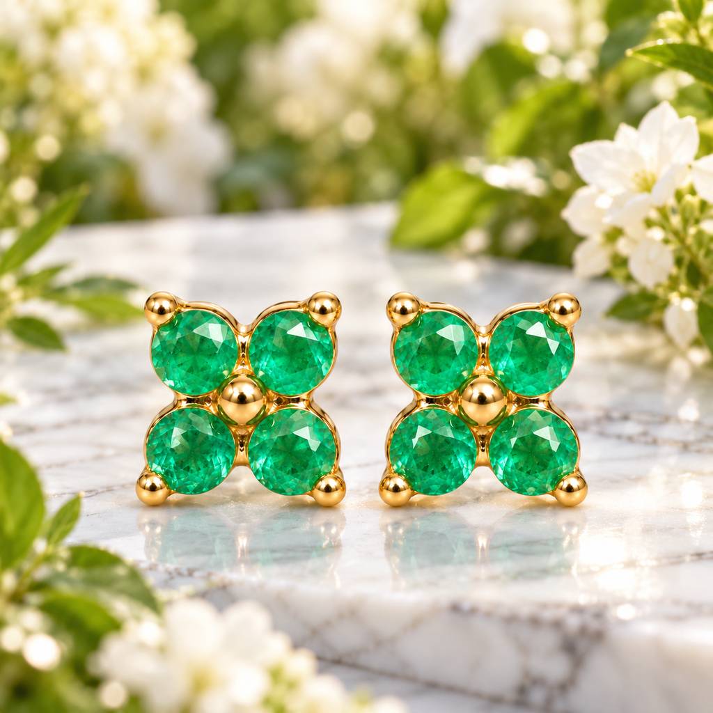 Natural Emerald 3mm Four Leaf Clover Stud Earrings in 925 Sterling Silver Gold Plated