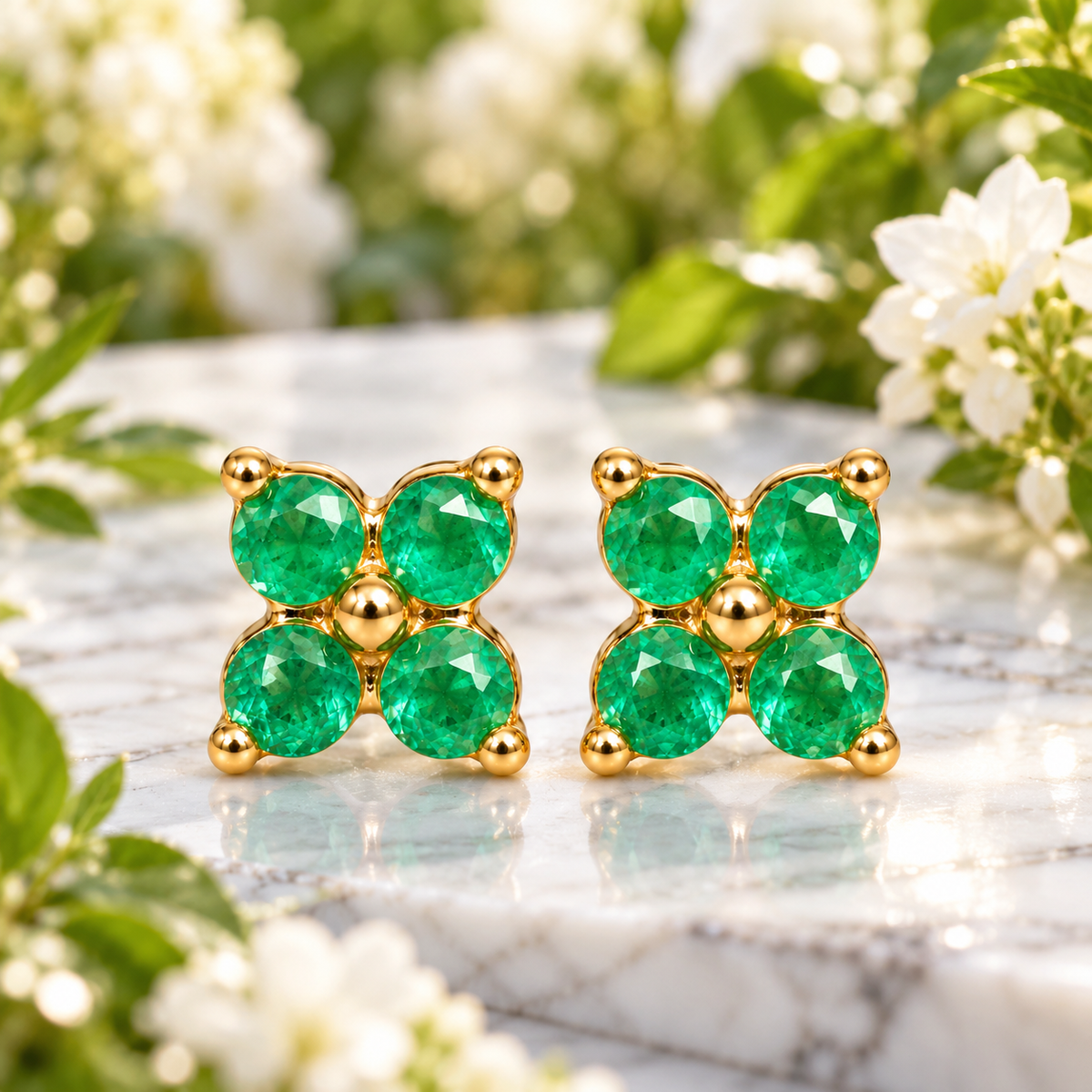 Natural Emerald 3mm Four Leaf Clover Stud Earrings in 925 Sterling Silver Gold Plated