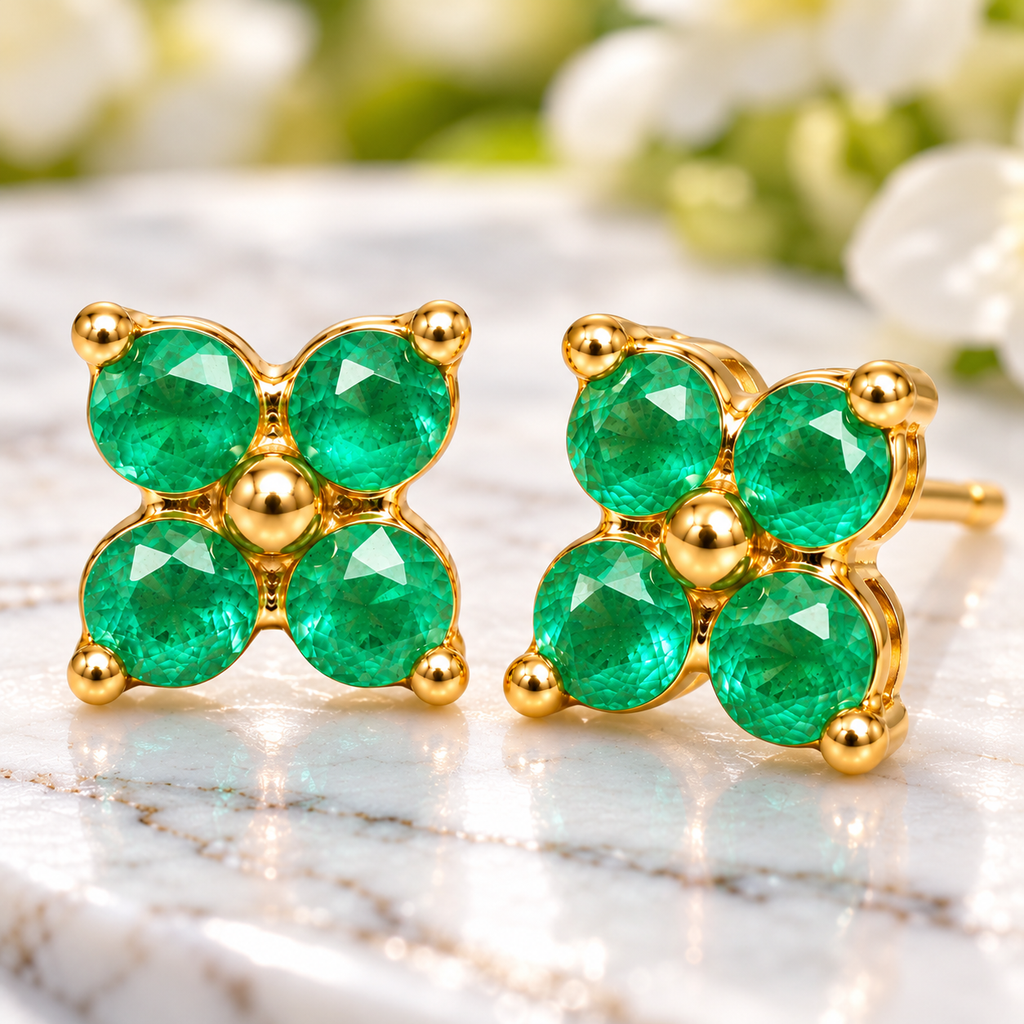Natural Emerald 3mm Four Leaf Clover Stud Earrings in 925 Sterling Silver Gold Plated