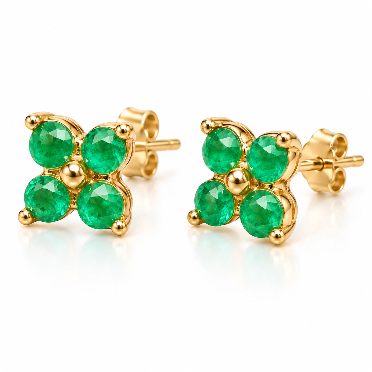 Natural Emerald 3mm Four Leaf Clover Stud Earrings in 925 Sterling Silver Gold Plated