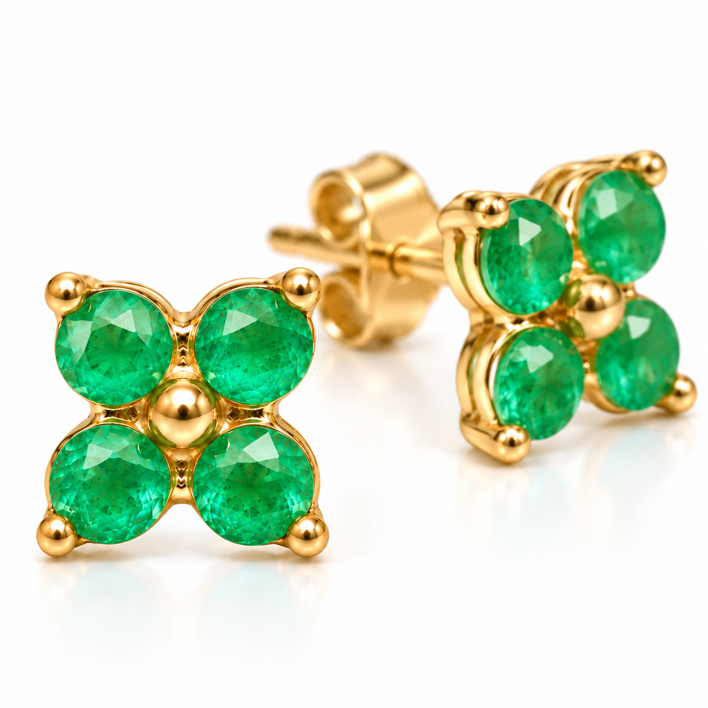 Natural Emerald 3mm Four Leaf Clover Stud Earrings in 925 Sterling Silver Gold Plated