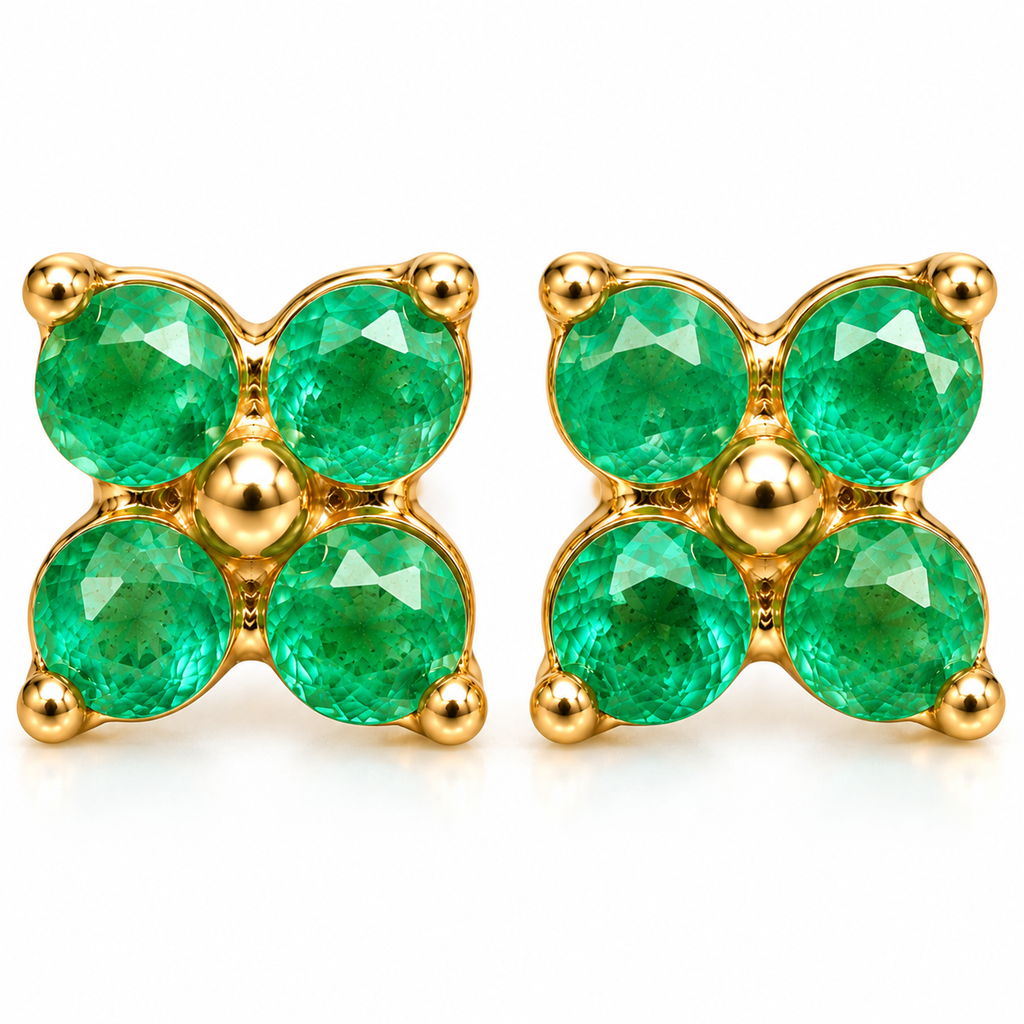 Natural Emerald 3mm Four Leaf Clover Stud Earrings in 925 Sterling Silver Gold Plated