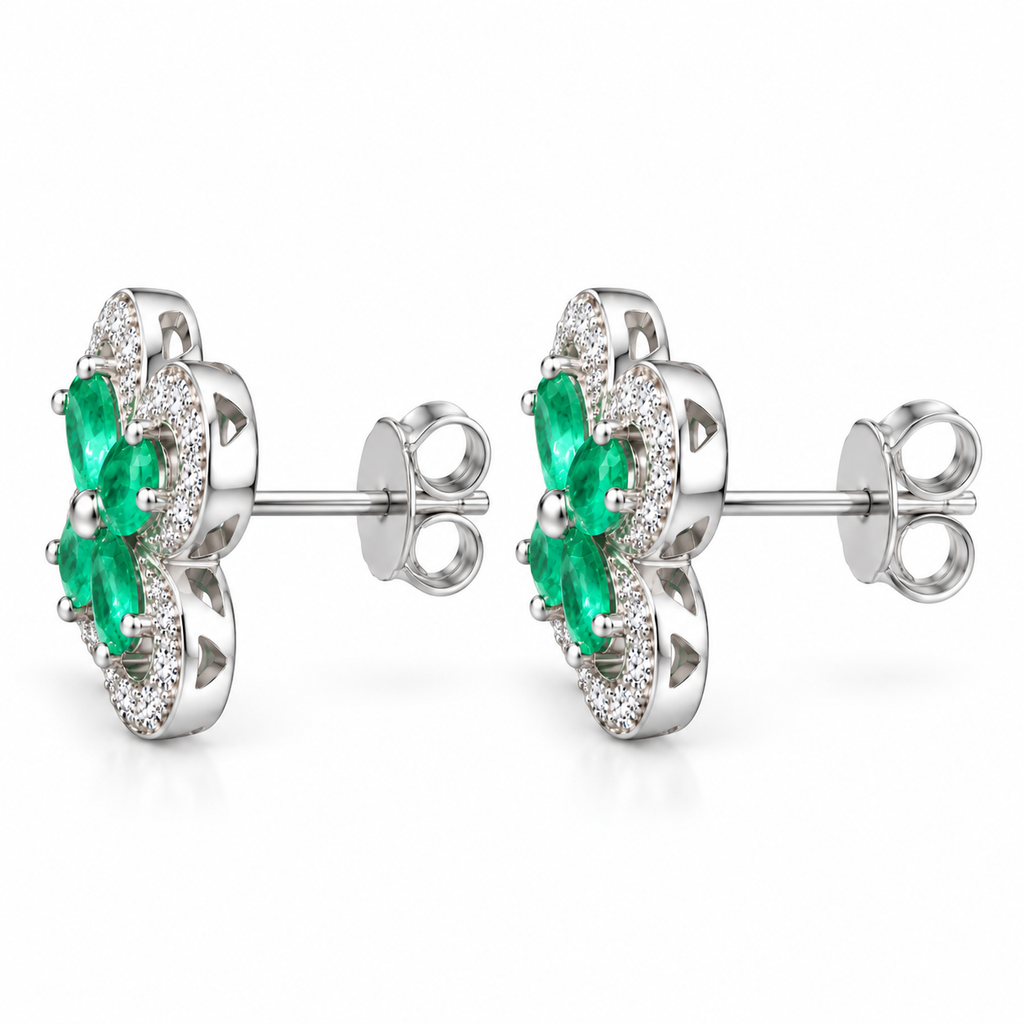 Natural Emerald 3x4mm Oval Four Leaf Clover Flower Stud Earrings in 925 Sterling Silver