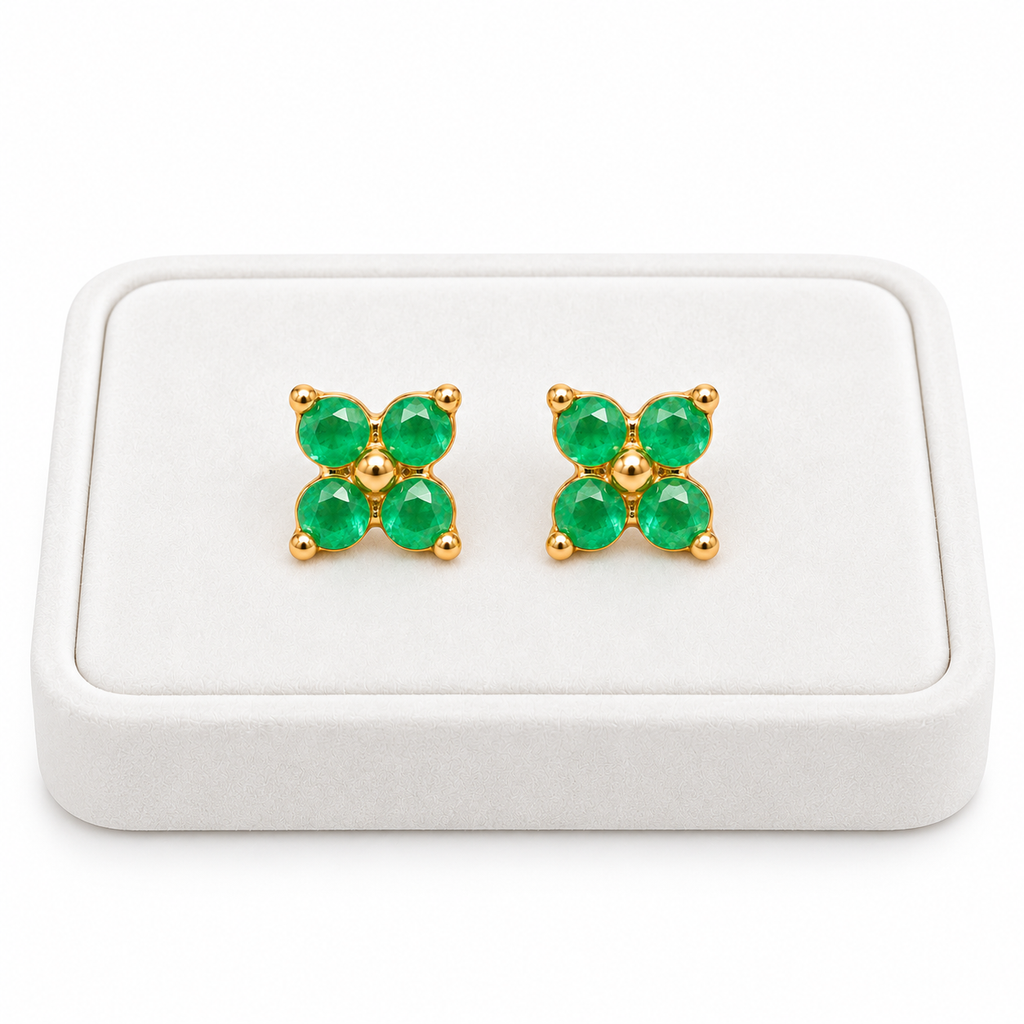 Natural Emerald 3mm Four Leaf Clover Stud Earrings in 925 Sterling Silver Gold Plated