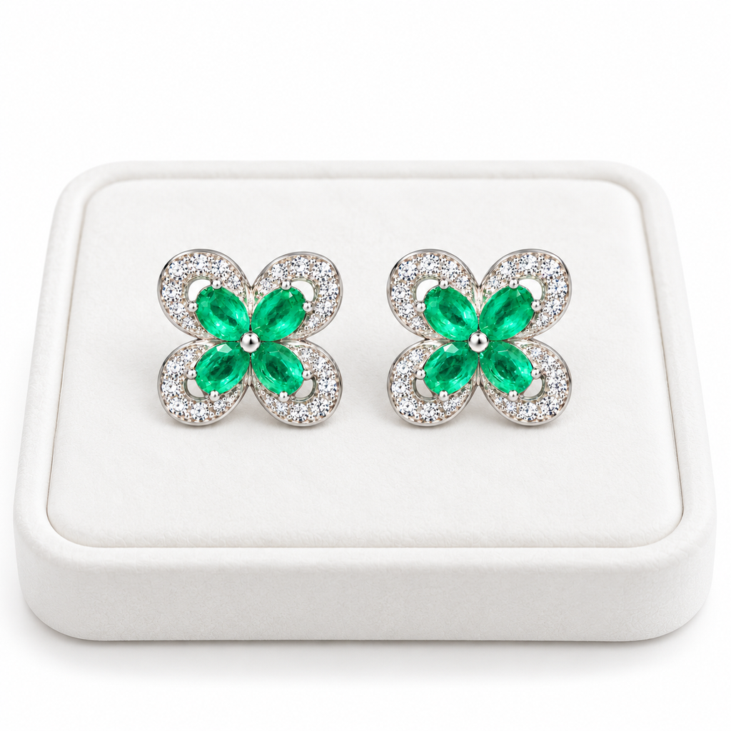 Natural Emerald 3x4mm Oval Four Leaf Clover Flower Stud Earrings in 925 Sterling Silver