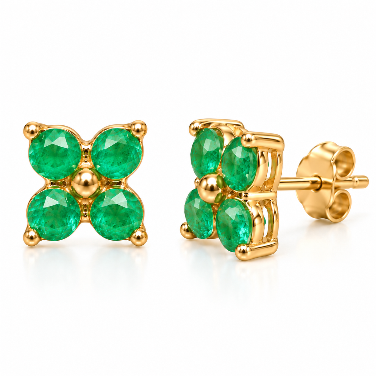 Natural Emerald 3mm Four Leaf Clover Stud Earrings in 925 Sterling Silver Gold Plated