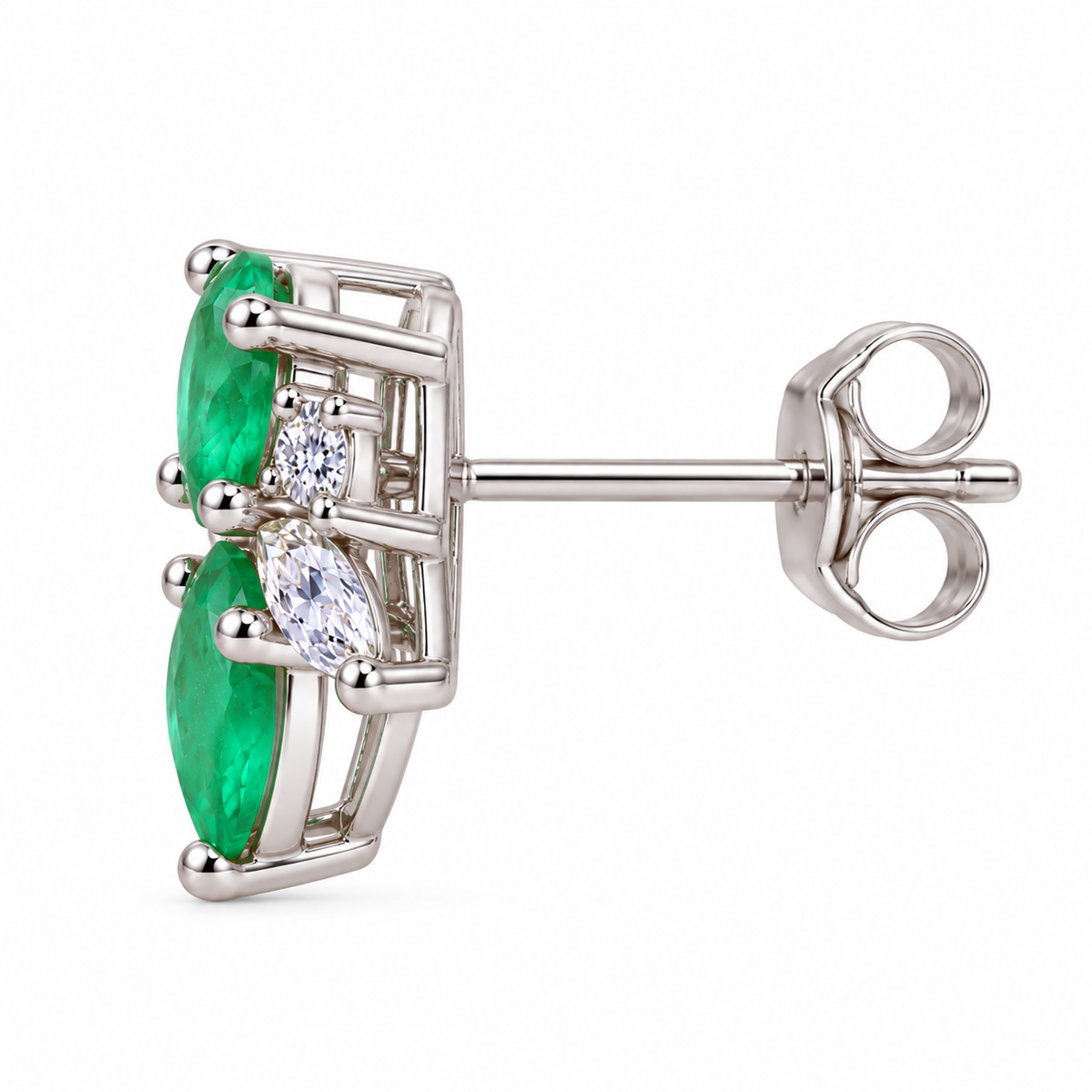 Natural Emerald Round and Pear Cut Floral Stud Earrings in 925 Sterling Silver with CZ